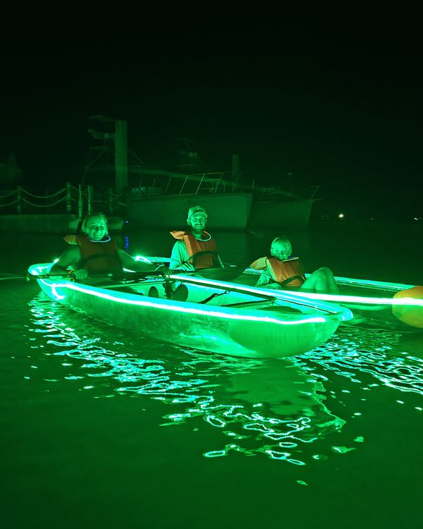 Three guests paddling glowing clear kayaks across green-lit water at night